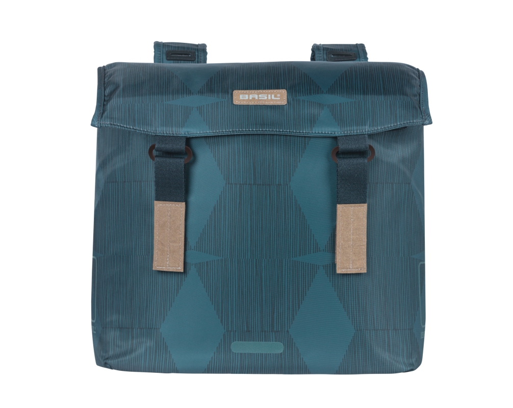Taskesæt (blue) fra Basil model Elegance.   Materiale af 100 % genanvendt PET (plastikflasker) Vol. 40-49 L og med rem-montering (taskebro)